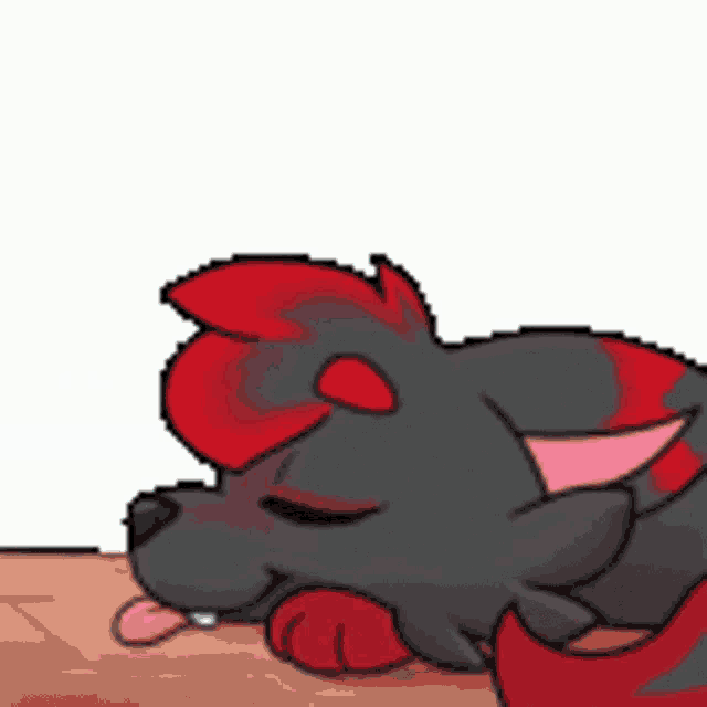 a pixel art drawing of a black and red animal sleeping on a table