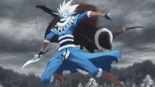 a man in a blue outfit is holding a sword in his hand