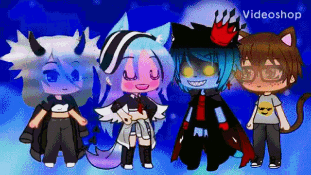 a group of gacha characters are standing next to each other with the words videoshop in the background