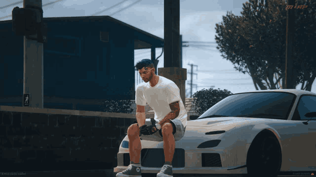 a man sits on the front of a white sports car in a game