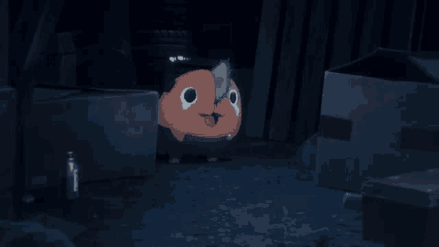 a cartoon character in a dark room with boxes and a bottle