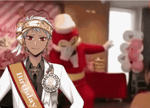 a cartoon character with a sash that says birthday