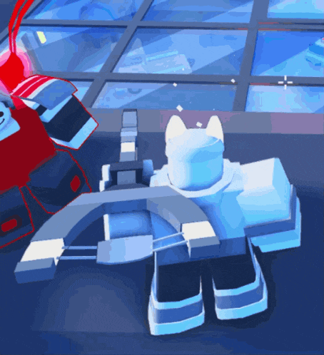 a blue robot with a white cat 's head is standing in front of a glass wall