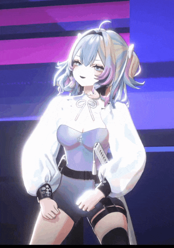 a girl with a sword in her hand is wearing a white shirt