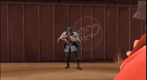 a cartoon soldier giving the middle finger with the words " hee fuck u " behind him