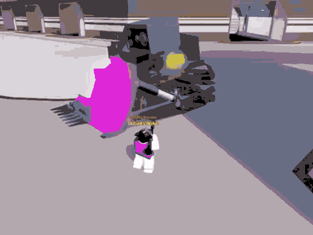 a video game character is standing in front of a giant robot with a purple and green light on it