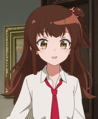 a girl with long brown hair and a red tie