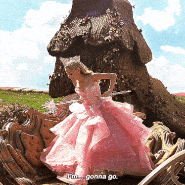 a woman in a pink dress holding a wand says i 'm gonna go