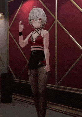 a girl with white hair is wearing a red top and black skirt