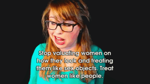 a woman wearing glasses and a blue shirt says " stop valuating women on how they look and treating them like sex objects "
