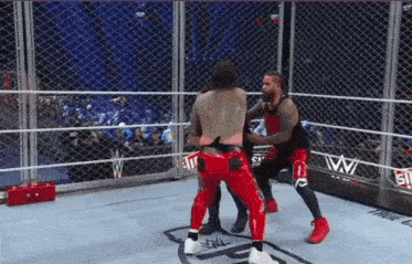 two men are fighting in a wrestling ring with a wwe logo on the wall behind them