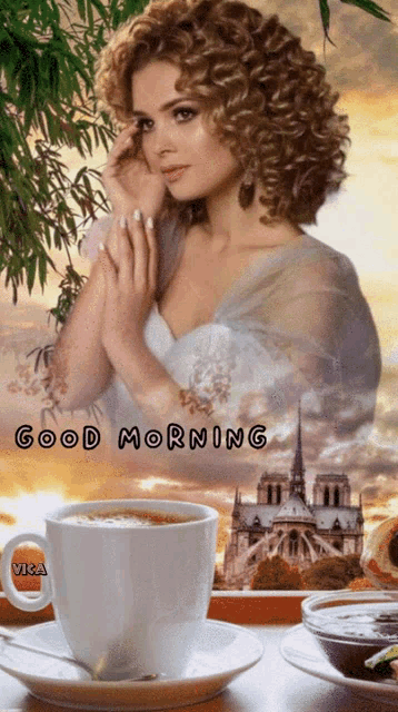 a picture of a woman with a cup of coffee and the words good morning on the bottom
