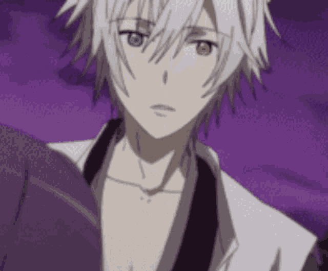 a close up of a anime character with white hair and green eyes