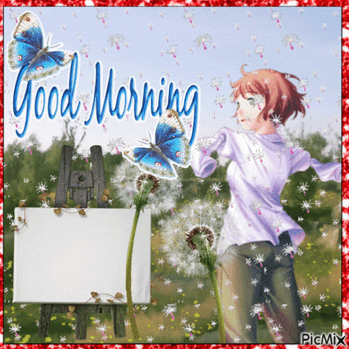 a picture of a girl holding a sign that says " good morning "