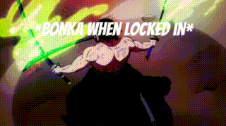 a cartoon of a man holding two swords with the words `` bonka when locked in '' written below him .