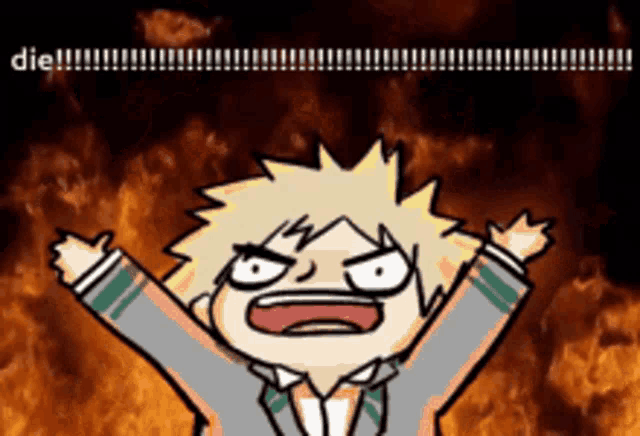a cartoon of a boy with his arms outstretched and the words die written in the background