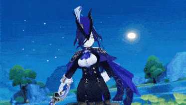 a cartoon character with long blue hair is holding a sword in a field .
