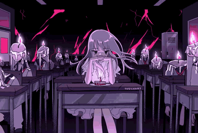 a drawing of a girl sitting at a desk with candles on her head and the words two chany written on the bottom
