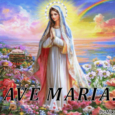 a painting of the virgin mary with the words ave maria written below her