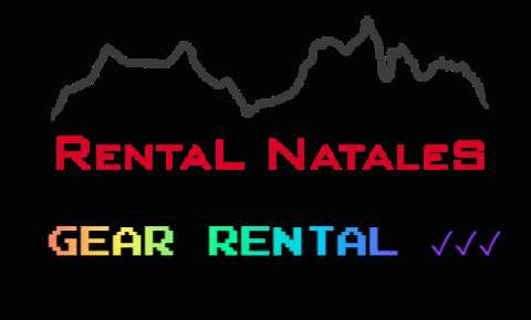 a logo for rental natales gear rental with a black background