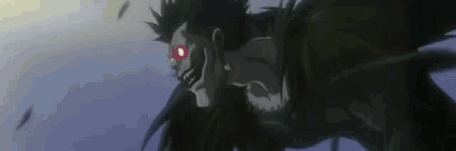 a man with red eyes is flying through the air with a bird flying in the background .