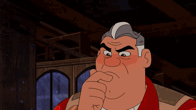 a cartoon character with gray hair and a red shirt