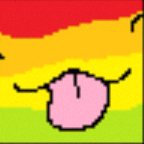 a pixel art drawing of a sheep standing in a field with a sunset in the background .