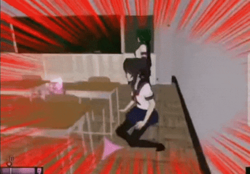 a girl in a school uniform is kneeling down in a classroom in a video game .