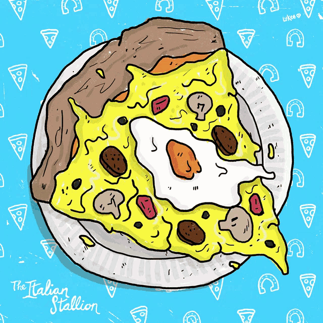 a drawing of a pizza on a paper plate with the words the italian stallion