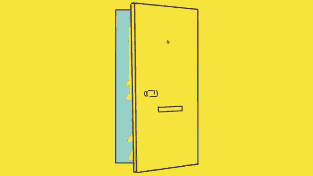 a drawing of a man standing next to a wolf on a yellow background