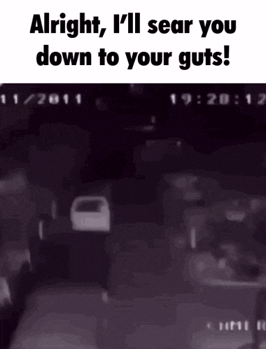 a blurred image with the words alright i 'll sear you down to your guts written on it