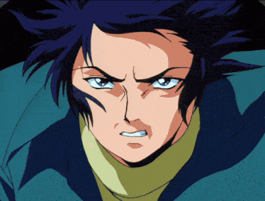 a close up of a man 's face with blue hair
