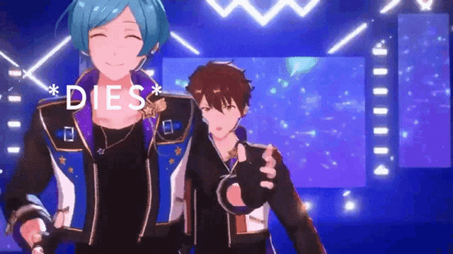two anime characters are standing next to each other on a stage and the word dies is above them .