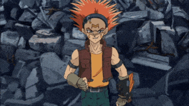 a cartoon character with red hair and the letter m on his face