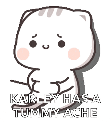 a cartoon cat with the words karley has a tummy ache on it