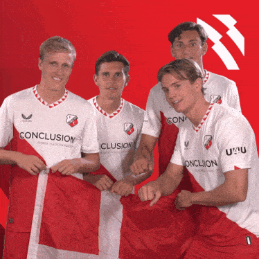 a group of soccer players with conclusion on their jerseys