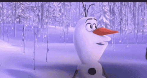 a cartoon character named olaf is standing in a snowy forest