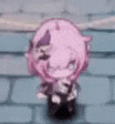 a pink cartoon character is standing on a brick sidewalk .