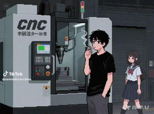 a pixel art of a man smoking a cigarette in front of a machine that says cnc