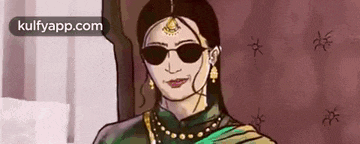 a cartoon of a woman wearing sunglasses and a green saree .