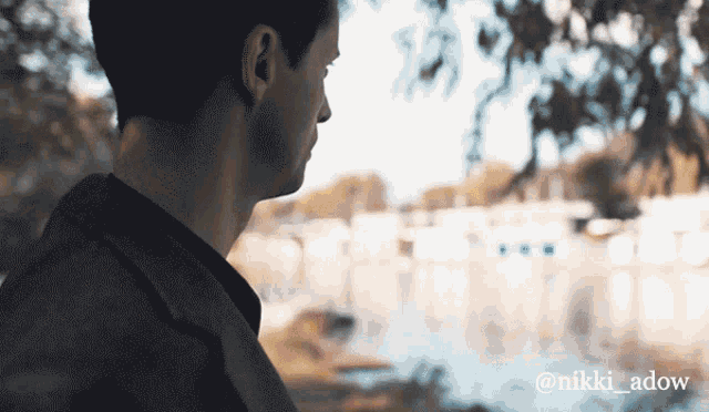 a man is looking out over a body of water with the name nikki adow on the bottom