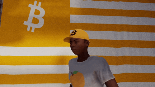 a man wearing a yellow hat with the letter b on it stands in front of a yellow and white striped towel