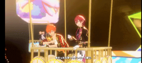 two anime characters are standing next to each other in a hot air balloon