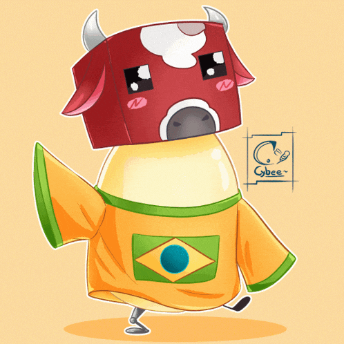 a drawing of a cow wearing a yellow shirt with the brazilian flag