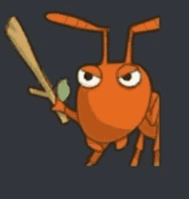 a cartoon ant is holding a baseball bat and a green leaf