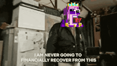 a man in a black jacket with a pixelated face says i am never going to financially recover from this