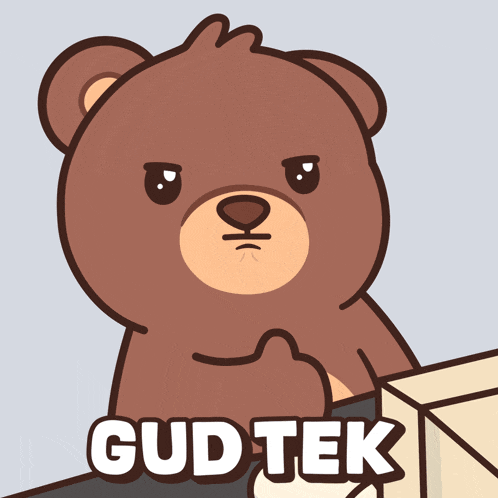 a brown teddy bear with the words gud tek written on it