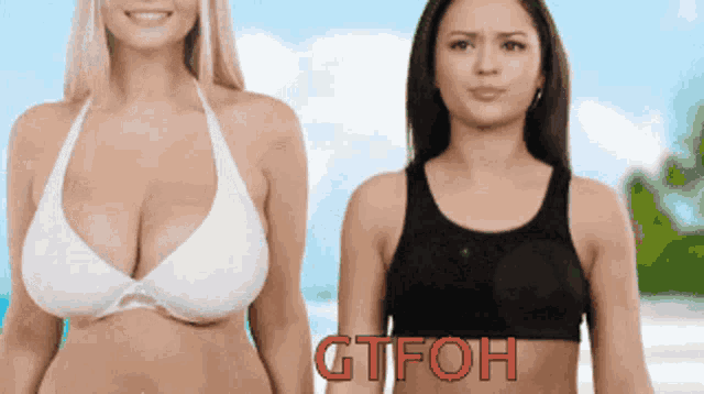 two women are standing next to each other with gtfoh written in red