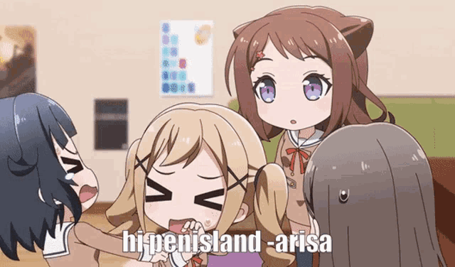 a group of anime girls are standing around each other with the words hipenisland - arisa written on the bottom