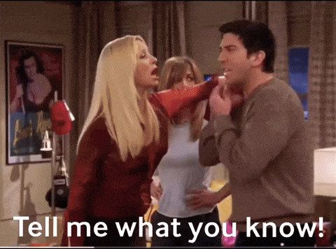 a man and a woman are standing next to each other with the words tell me what you know on the bottom